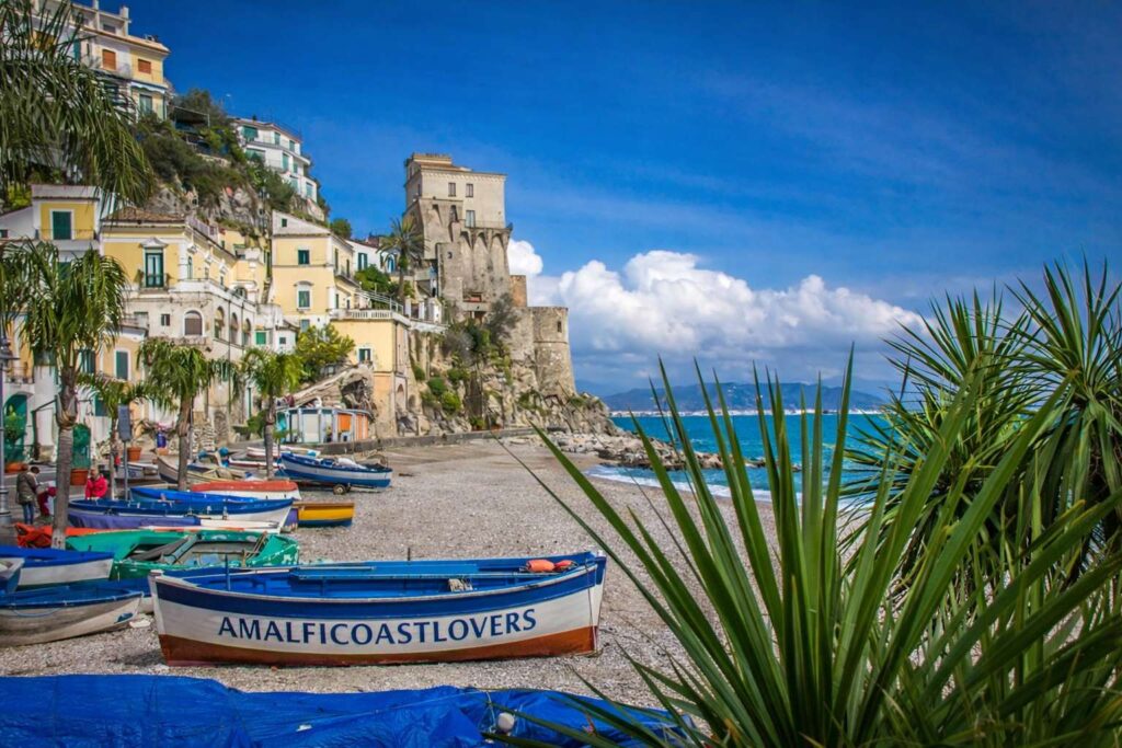 Beach of Cetara with fishermen's boats and AMALFICOASTLOVERS boat on the Amalfi Coast