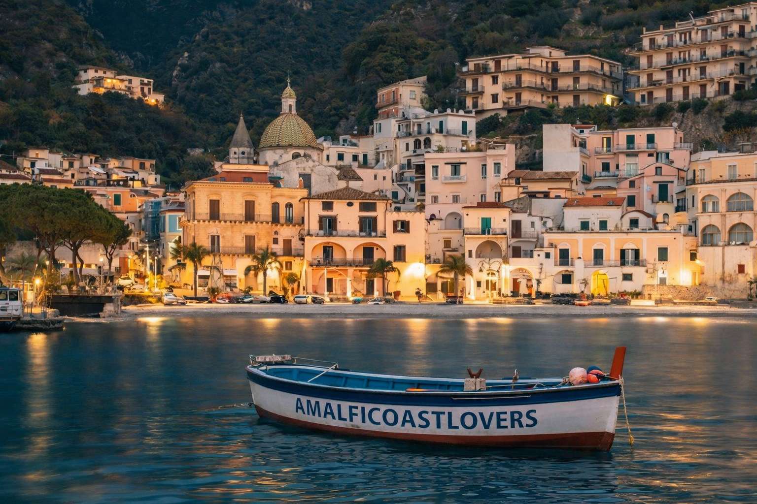 Cetara al tramonto vista dal mare con barchetta da pescatore AMALFICOASTLOVERS in Costiera Amalfitana
