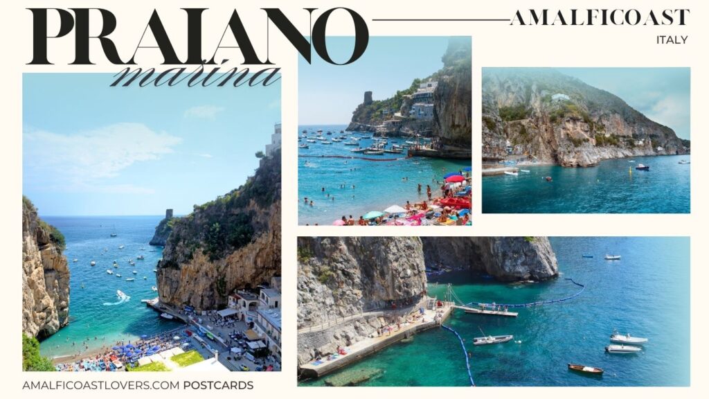 Marina di Praia in Praiano, iconic cove of the Amalfi Coast with beach, pier, and sea-view boats