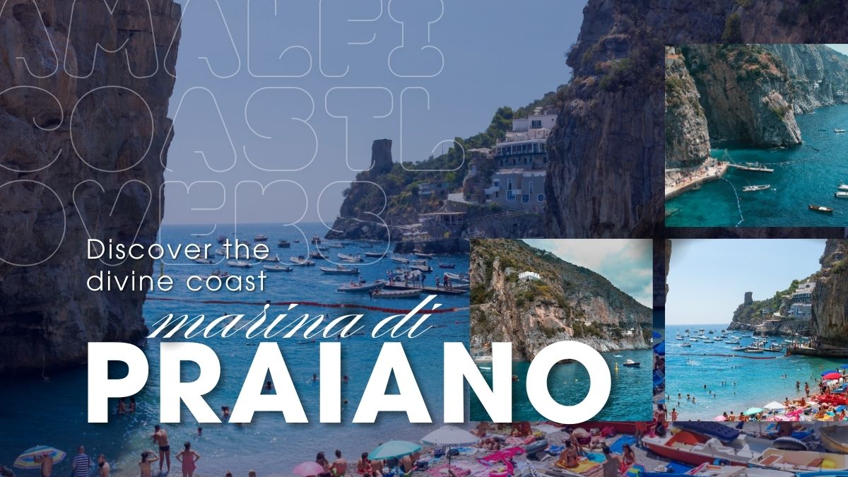 Vista panoramica della Marina di Praiano con la spiaggia, le barche e le scogliere della Costiera Amalfitana
