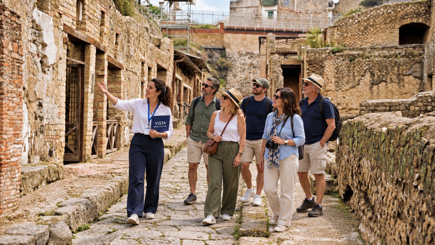 Guida VISTA Travel Signature con turisti durante una visita guidata tra le strade dell’antica Ercolano