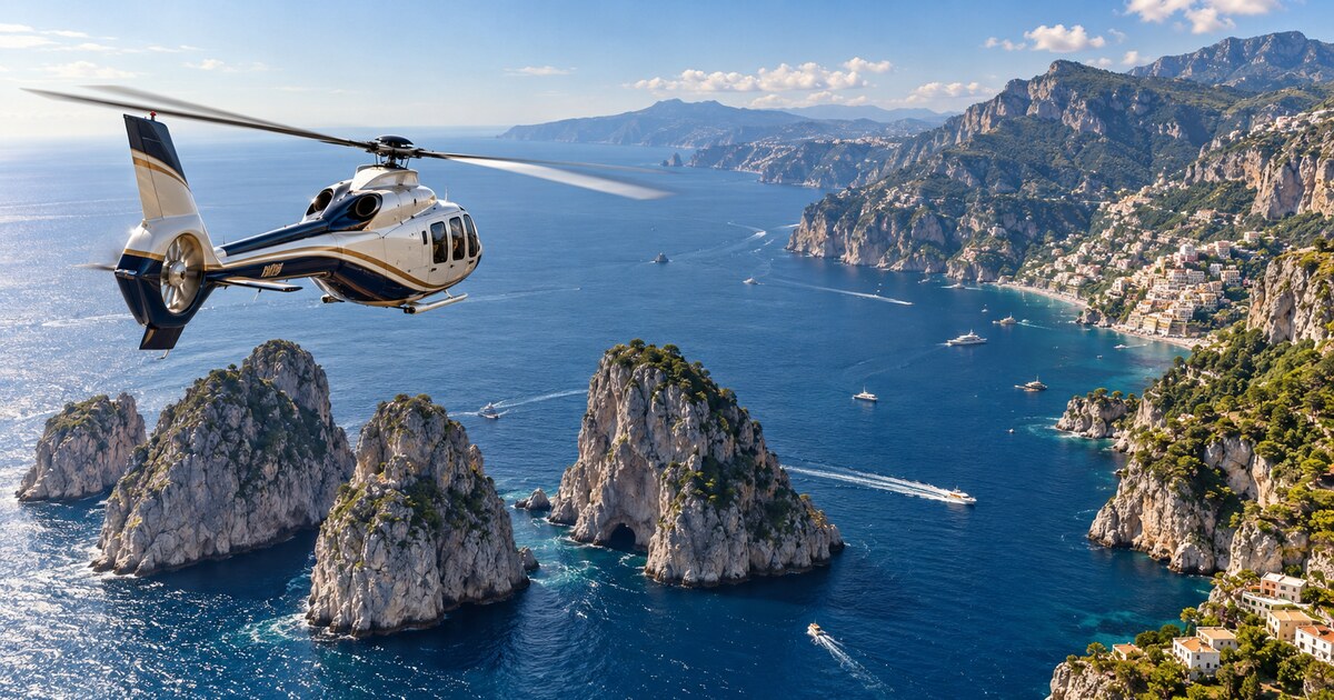 Elicottero in volo dai Faraglioni di Capri verso Positano e la Costiera Amalfitana