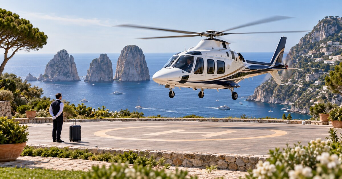Elicottero VIP in arrivo a Capri con i Faraglioni sullo sfondo