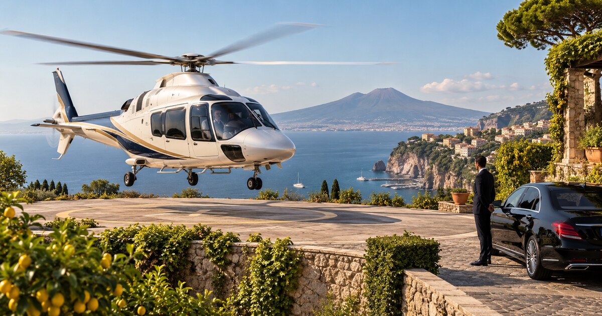 Elicottero privato in arrivo a Sorrento con il Vesuvio sullo sfondo
