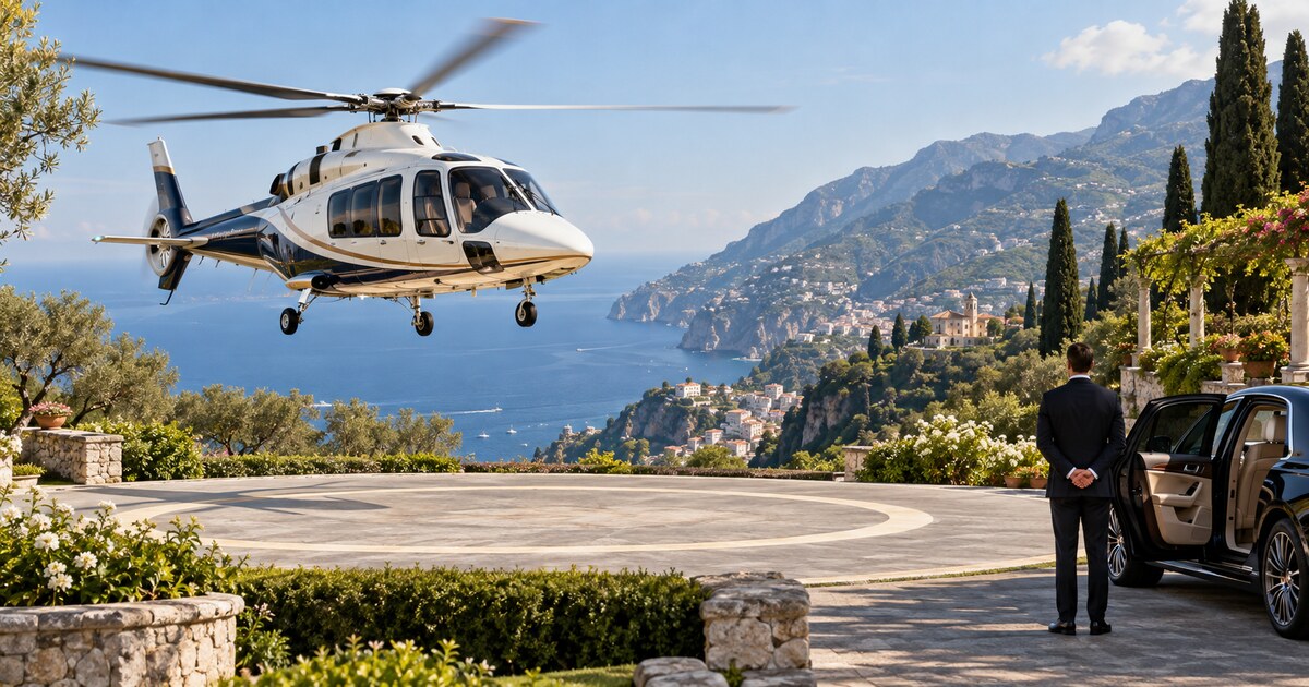 Elicottero VIP in arrivo a Ravello con vista sulla Costiera Amalfitana