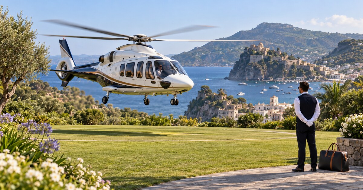 Elicottero privato in arrivo a Ischia con il Castello Aragonese sullo sfondo