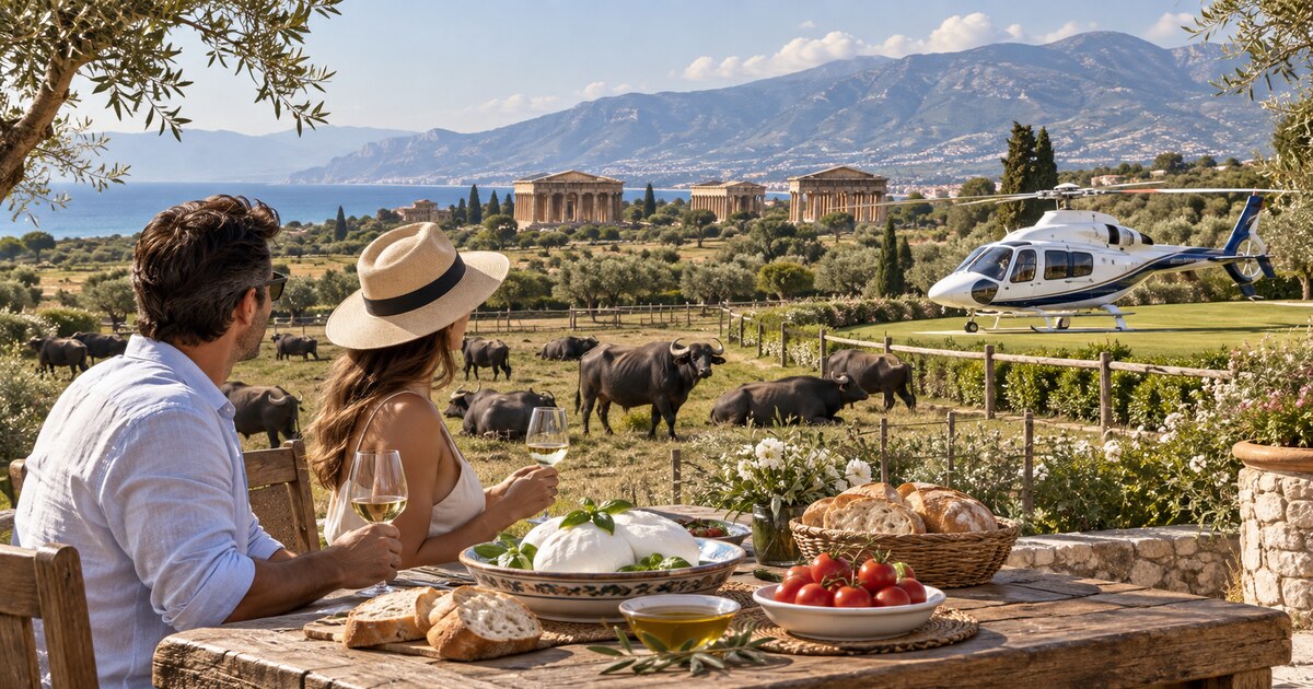 Degustazione di mozzarella di bufala con elicottero e templi di Paestum sullo sfondo