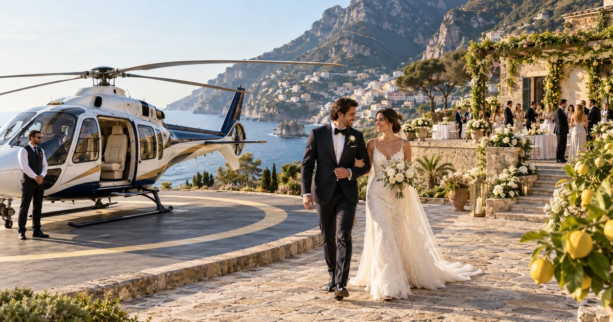 Sposi arrivano in elicottero al ricevimento di matrimonio sulla Costiera Amalfitana