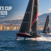 AC40 in regata nella Baia di Napoli per l’America’s Cup Napoli 2026, con Castel dell’Ovo e Vesuvio