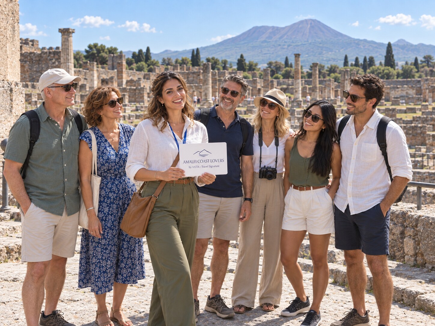 Gruppo con guida Amalfi Coast Lovers tra le rovine di Pompei e il Vesuvio sullo sfondo