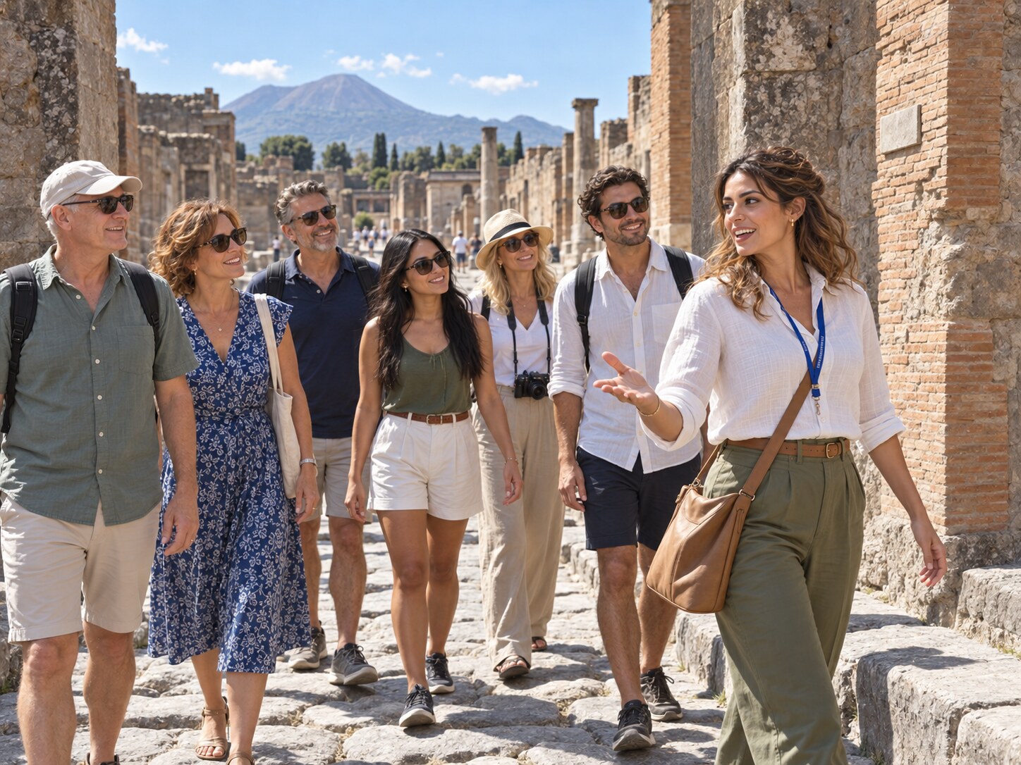 Guida turistica accompagna i visitatori lungo una strada dell’antica Pompei vicino a Porta Marina