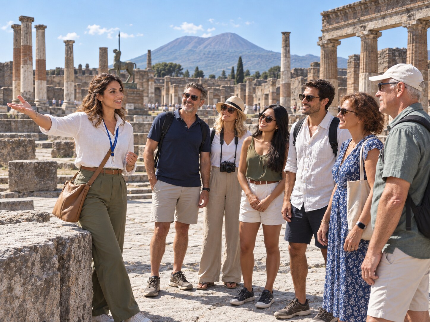 Guida spiega il Foro di Pompei a un gruppo con colonne e Vesuvio sullo sfondo